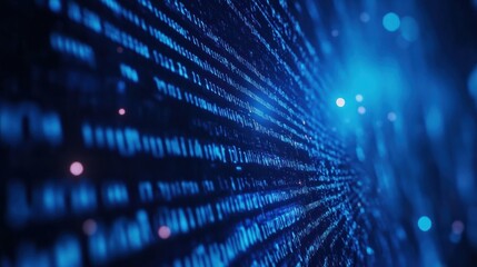 Blue digital binary data on computer screen background