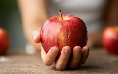 Red apple in hand. Closeup of a hand holding a red apple, symbolizing health, knowledge, and temptation.