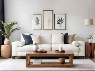 A modern living room interior featuring cozy, plush white sofas a wooden side table with decorative items, and minimalist decor. Home decor. Front view.