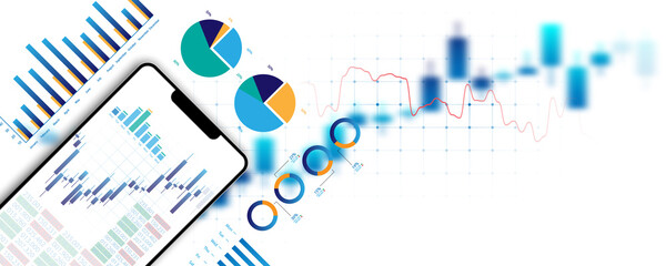 Wall Mural - technology background, analytics, sales graph, financial marketing on smartphone and billboard desig