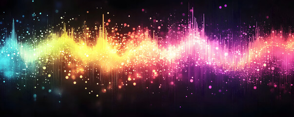 Wall Mural - Vibrant graphic of colorful sound waves with glowing digital effects on a dark background, representing music and technology