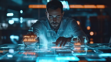 Poster - businessman working with holographic dashboard analysing finance sales data, business growth graph c