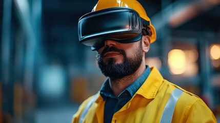 Immersed in technology, man wearing augmented reality glasses and safety helmet is engaged in modern industrial environment, showcasing innovation and focus