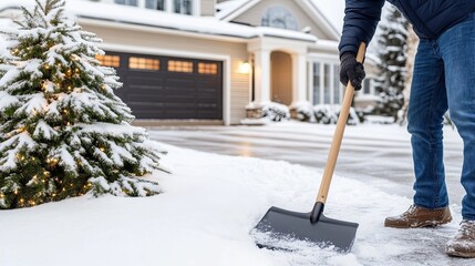 A young man is joyfully shoveling snow outside his home, surrounded by a picturesque winter landscape and covered houses.