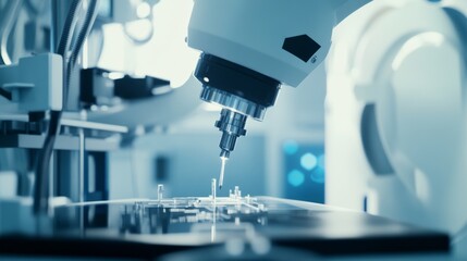 Poster - A robot conducting advanced material testing in a futuristic materials science lab with specialized equipment, clean and precise environment, Materials-tech style