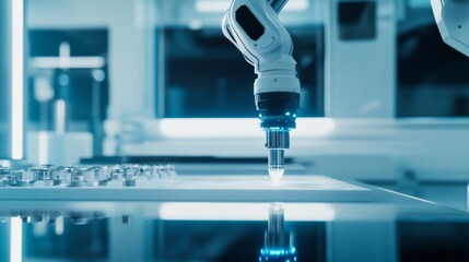 Poster - A robot conducting advanced material testing in a futuristic materials science lab with specialized equipment, clean and precise environment, Materials-tech style