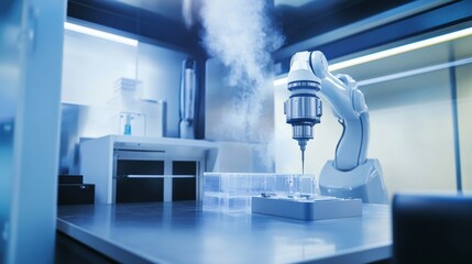 Poster - A robot conducting advanced material testing in a futuristic materials science lab with specialized equipment, clean and precise environment, Materials-tech style