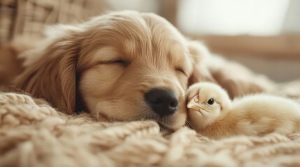 A tiny chick cuddles with a sleeping puppy, creating a serene and affectionate image of innocence and warmth against a backdrop of soft textures and cozy fibers.