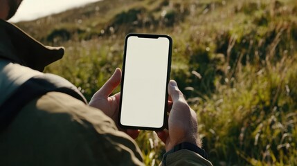 Wall Mural - Close up view of a man using blank screen smartphone