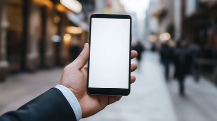 Poster - Close-up of a businessman hand holding a smartphone white screen is blank the background is blurred.Mockup.