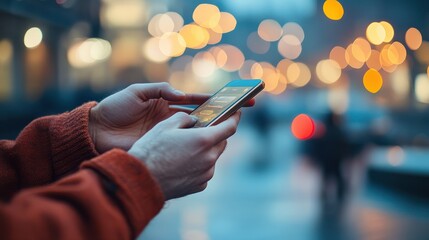 Wall Mural - Closeup of male hands typing an sms message via smartphone outside, hipster man enjoying evening walk and using his cellphone, bokeh lights