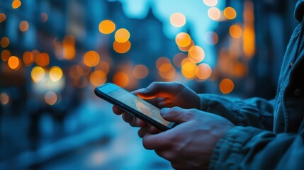 Wall Mural - Closeup of male hands typing an sms message via smartphone outside, hipster man enjoying evening walk and using his cellphone, bokeh lights