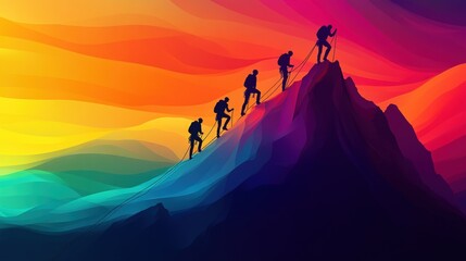 Four silhouetted climbers ascending a colorful mountain peak.