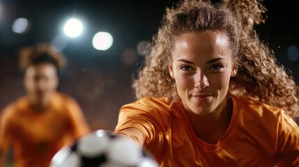 A determined female soccer player in an orange jersey is intensely focused on the soccer ball, ready for action under the bright stadium lights at night, symbolizing competition.