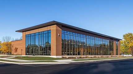Poster - Modern Glass Facade Building in Clear Blue Sky