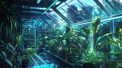Poster - Exploring a futuristic greenhouse the harmony of robotic plants and nature coexisting in an innovative ecosystem