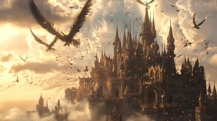 Aufkleber - A magnificent castle of mystique a dreamlike fortress crafted from black and gold feathers amidst enchanted skies