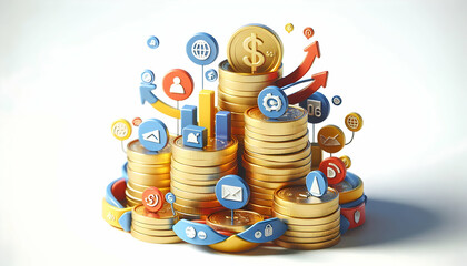 3D Stack of Coins with Business Marketing Symbols Concept Digital Art Financial Growth Strategy Icon Isolated White Background Soft Abstract Design Ample Copy Space for Advertising