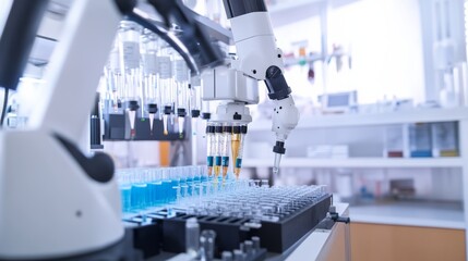 Aufkleber - A robot conducting automated experiments in a modern biochemistry lab with clean, organized research stations and advanced experimental setups, Biochemistry tech style