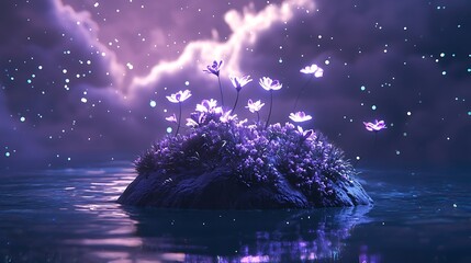 Poster - A dreamlike island floating among the stars adorned with glowing flowers and enigmatic light trails in a mystical nightscape