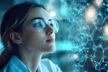 Poster - Female scientist examining molecular structures in a laboratory during twilight hours