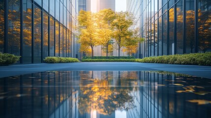 Aufkleber - A reflection of a tree in a large glass building