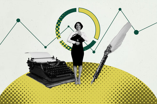 Creative retro 3d magazine collage image of happy smiling lady enjoying journalism work isolated yellow color background