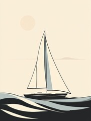 Aufkleber - A sleek sailboat sails smoothly across calm waves, capturing the tranquility of a peaceful ocean sunset. Generative AI