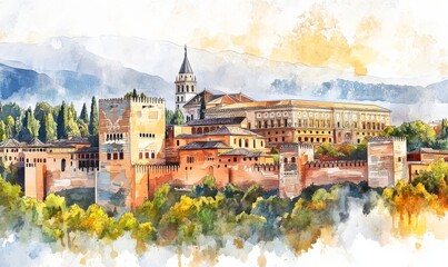 Watercolor Alhambra palace in Granada, Spain, Europe