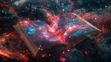 Poster - Exploring the infinite an open book unveiling cosmic wonders in vibrant colors and celestial designs
