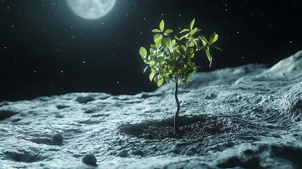 Poster - The resilient green a plant surviving and thriving on the moon's surface beneath the ethereal glow of moonlight