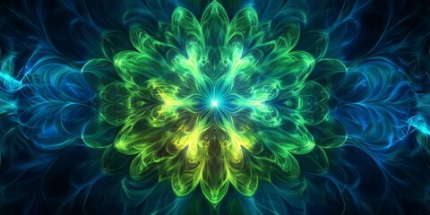 Psychedelic Flowing Illusion, vibrant green and deep blue symmetrical pattern with organic shapes creating dynamic visual movement and exploration.