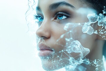 Digital art representation of a woman's face with abstract technological elements in soft focus