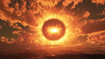 Aufkleber - Dramatic sunset scene with fiery sun and stunning cloud formation over mountain landscape