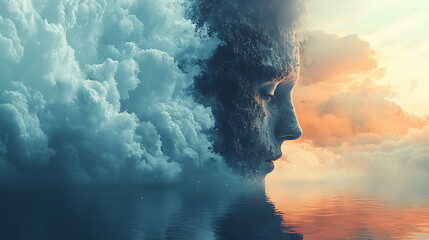 Poster - Surreal face emerging from clouds reflecting over tranquil waters a dreamlike exploration of nature and emotions