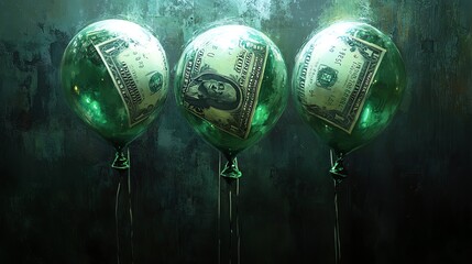 Poster - Three green balloons with dollar bills inside against a dark, textured background.