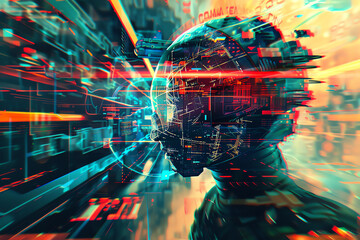 Illustrate a dynamic composition featuring a futuristic robot in a glitch art style, set against a backdrop of innovative technologies from unique camera angles, Digital Rendering Techniques Glitch Ar