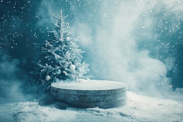 Poster - Snowy Christmas Tree with Round Wooden Platform in a Winter Scene