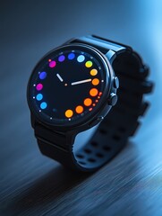  Smartwatch on table displays vibrant, colorful interface with minimalist design. Represents modern wearable technology used for fitness, health tracking, and convenience.