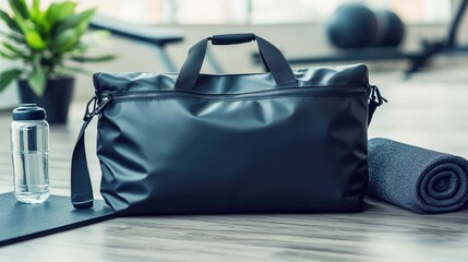 Poster - Sleek Black Gym Bag on Floor with Water Bottle and Mat