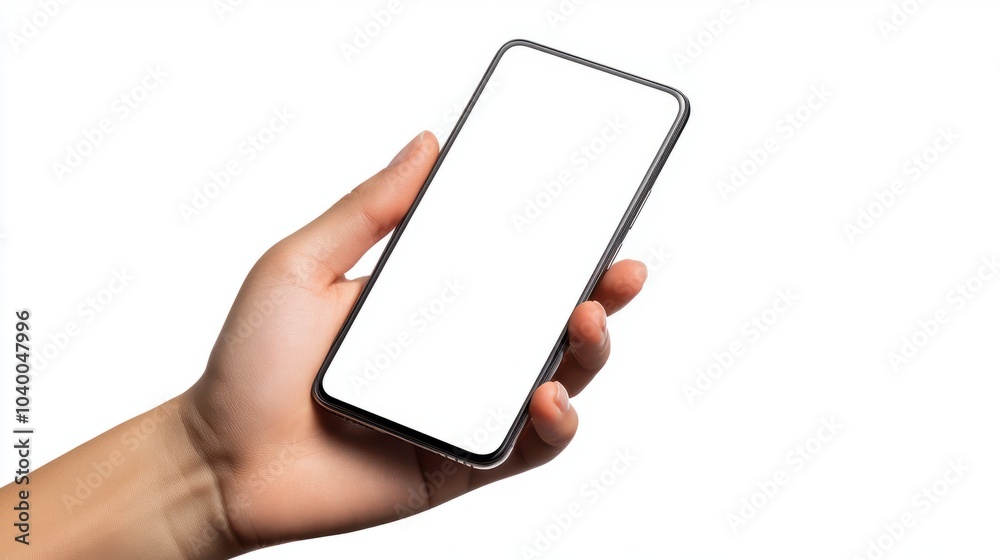 Hand holding smartphone mockup as png photo with blank screen isolated ...