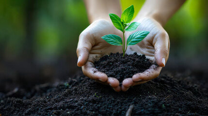 two hands holding and caring a young green plant