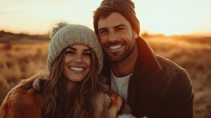 A cheerful couple in trendy winter clothing, enjoying a sunset, embodying happiness and companionship amidst a natural and peaceful rural landscape.