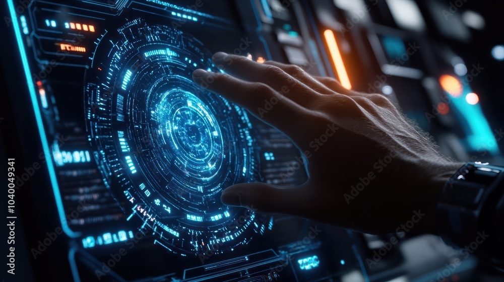 Hand touch digital hud interface futuristic technology background of ...