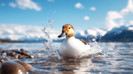 A lone duck splashes playfully in a pristine mountain lake, droplets of water glistening in the air, against a backdrop of majestic, snow-capped mountains and clear skies.