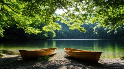 two wooden boats rest peacefully by the lakeside, surrounded by lush forest greenery, encapsulating 