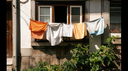 A variety of colorful clothes hang on a line in front of a quaint window, casting shadows against a weathered stone wall, adding charm to the old building facade.