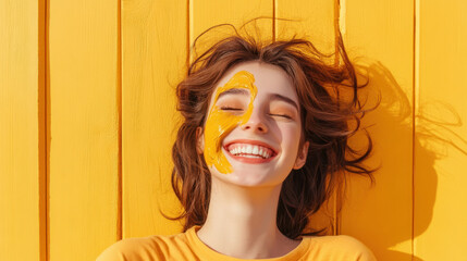 joyful young woman with paint on her face smiles brightly against vibrant yellow background, embodying creativity and happiness