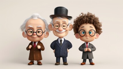 Three cartoon characters: two elderly men and a boy, all wearing glasses, showcasing diverse styles and expressions in a cheerful, animated design.