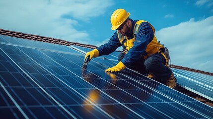 Engineer Working on Solar Panel Under Blue Sky